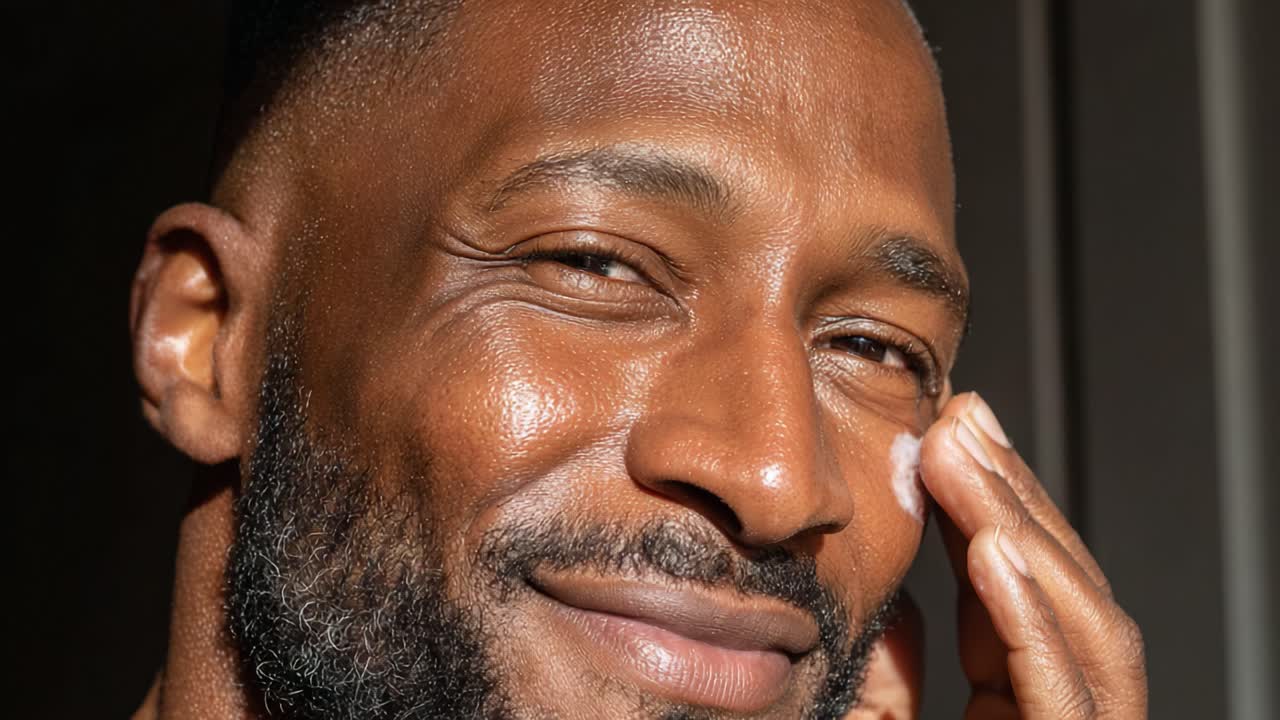 A Close-Up of a Man Applying Skincare, Highlighting His Radiant Skin and Gentle Smile in Bright Natural Light, Emphasizing Self-Care and Wellness Practices