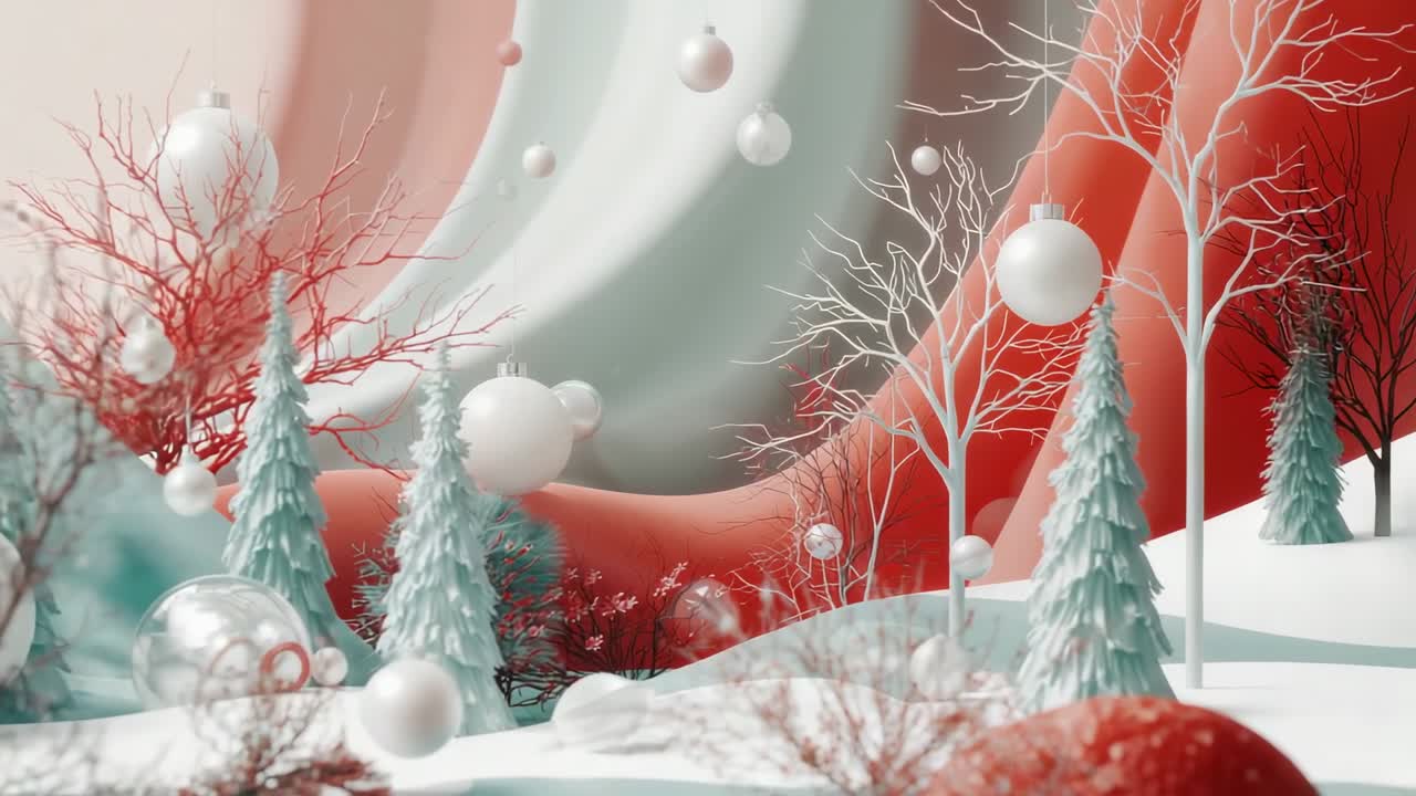 Start camera panning across CGI winter scene, showcasing teal pine trees and floating white baubles