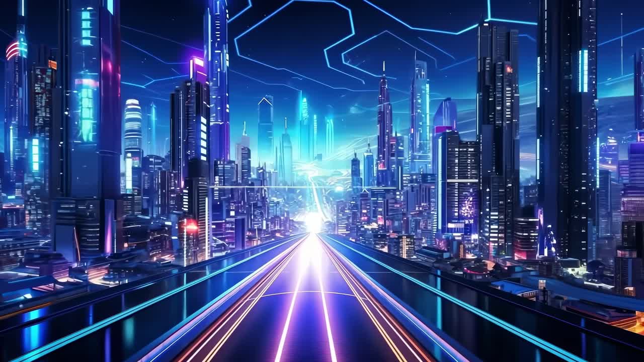 Futuristic cityscape video with neon lights and skyscrapers, captured from a low-angle perspective