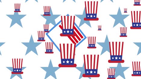 Animation-of-hats-with-usa-flags-over-stars-on-white-background