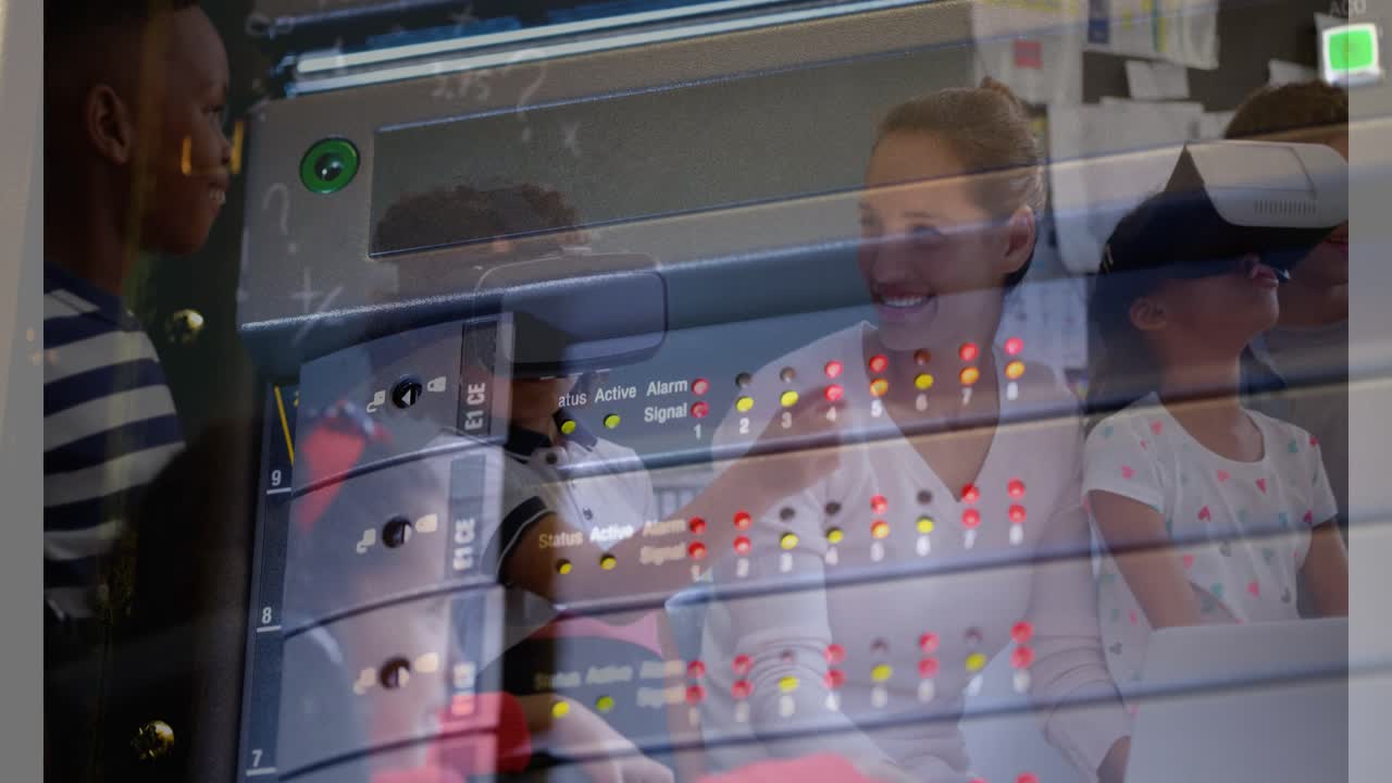 Animation of server room over diverse schoolkids using vr headsets