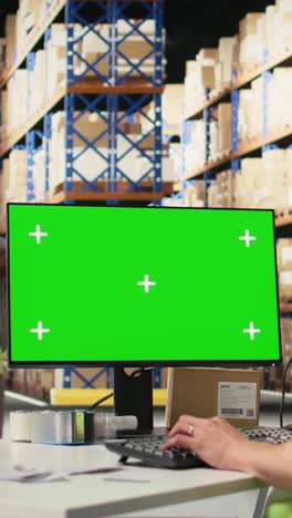 vertical video staff reviews chroma key monitor in the stock room for data entry