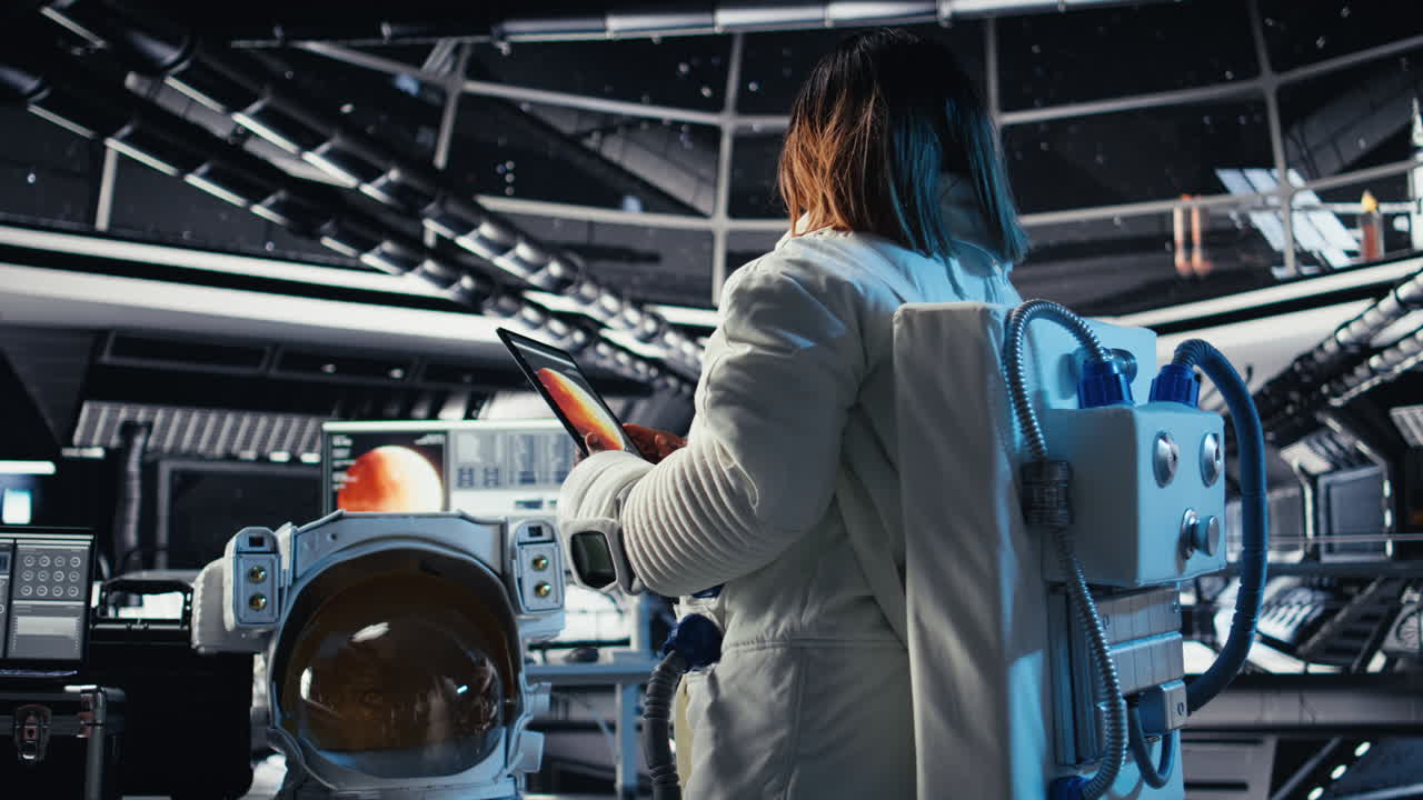 Astronaut inside high tech spacecraft checking red planet summary analytics