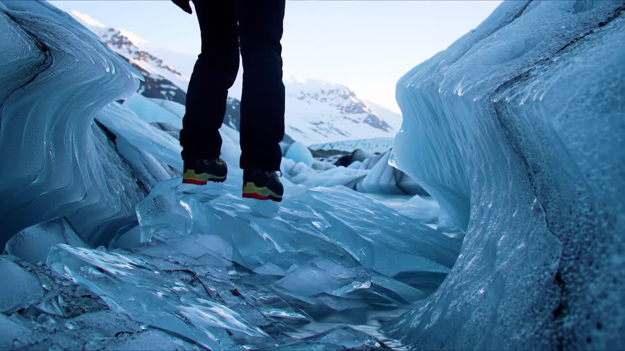 Exploring the Stunning Glacial Landscape: A Figure Navigates Through an Ice-Covered Crevice, Capturing the Beauty and Challenges of Nature's Frozen Wonders