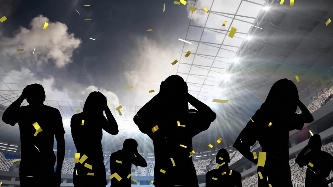 황금 콘페티가 실망한 팬들과 스포츠 경기장의 실루 ⁇  위로 떨어지고 있습니다.