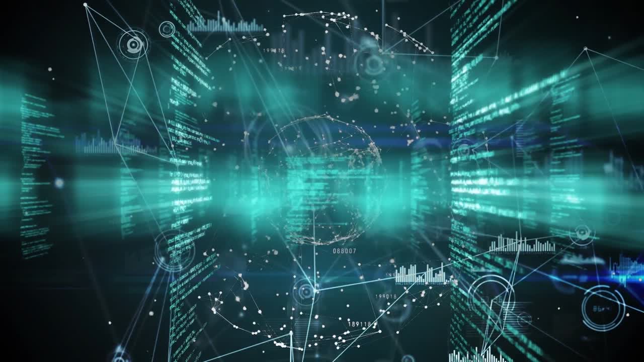 Animation of data processing over network of connections on black background