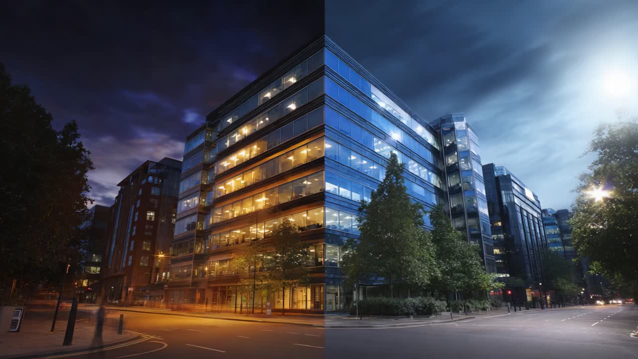 Paisagem urbana dinâmica: transição do dia para a noite na arquitetura urbana, mostrando edifícios iluminados e reflexos de postes de luz sob o céu noturno