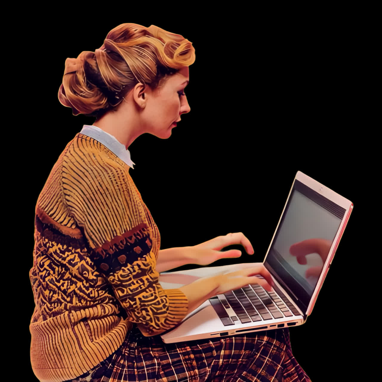 Vintage style woman typing laptop animation isolated asset, transparent 4K video, alpha channel