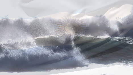 animation of flag of argentina blowing over waves in sea