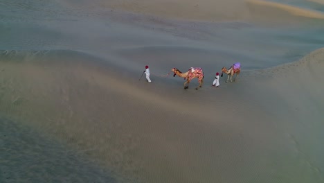 aerial wide shot of two man walking with their camels on sand dune, desert in jaisalmer, rajasthan, india