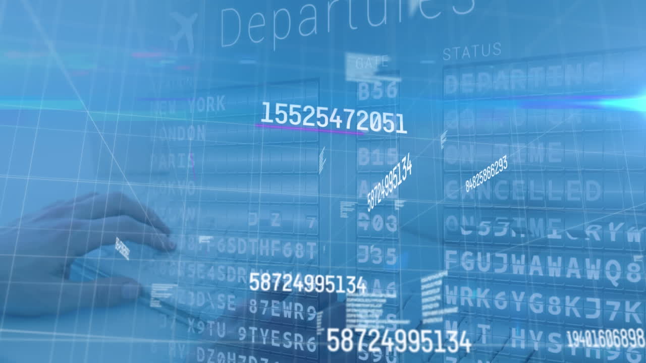 Digital composition shows numbers on airport board and person typing, highlighting tech concept.