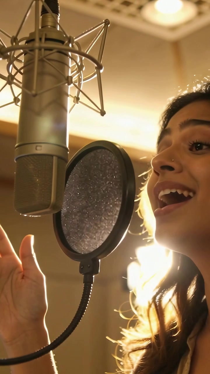 Video verticale: Cantante che modella le vocali in un grande microfono con filtro anti-pop in studio, con spazio per il testo.