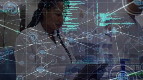 animation of network of connections and data processing over diverse scientists in lab