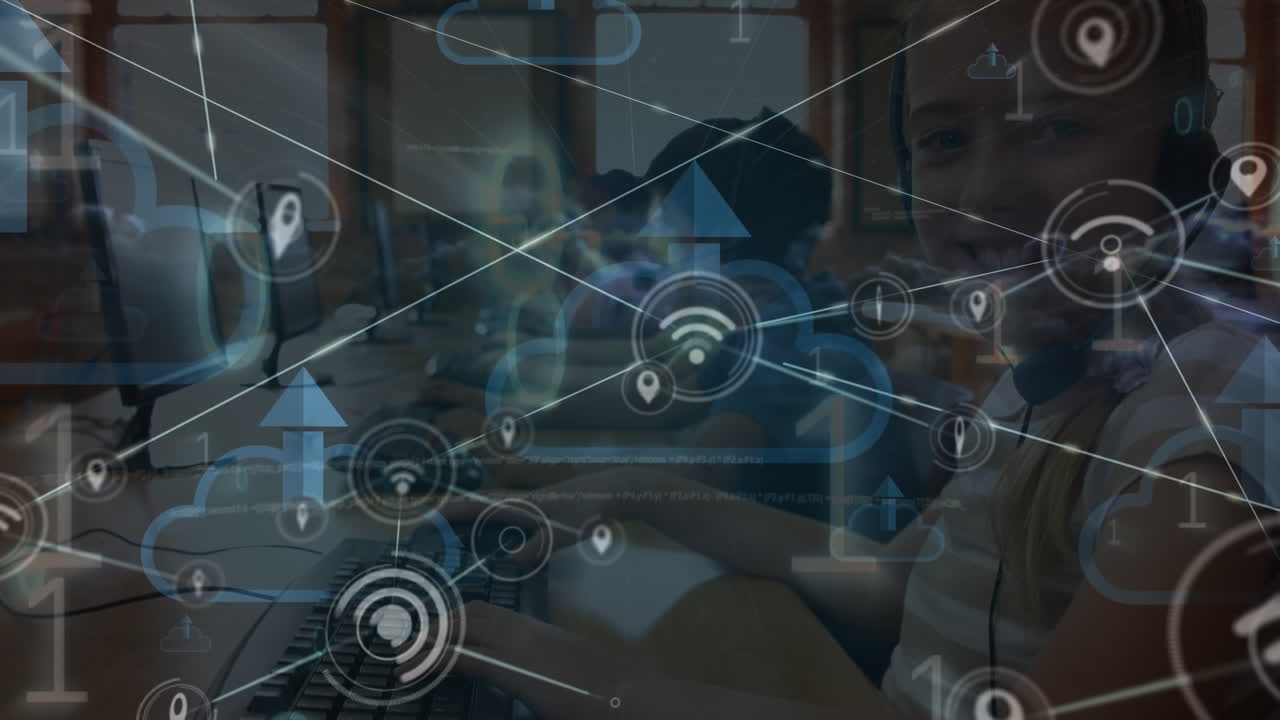 Animation of connections and binary code over diverse children using computers at school