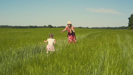 slow motion young mother plays with child in the field dressed in red dress that flutters in the wind 2