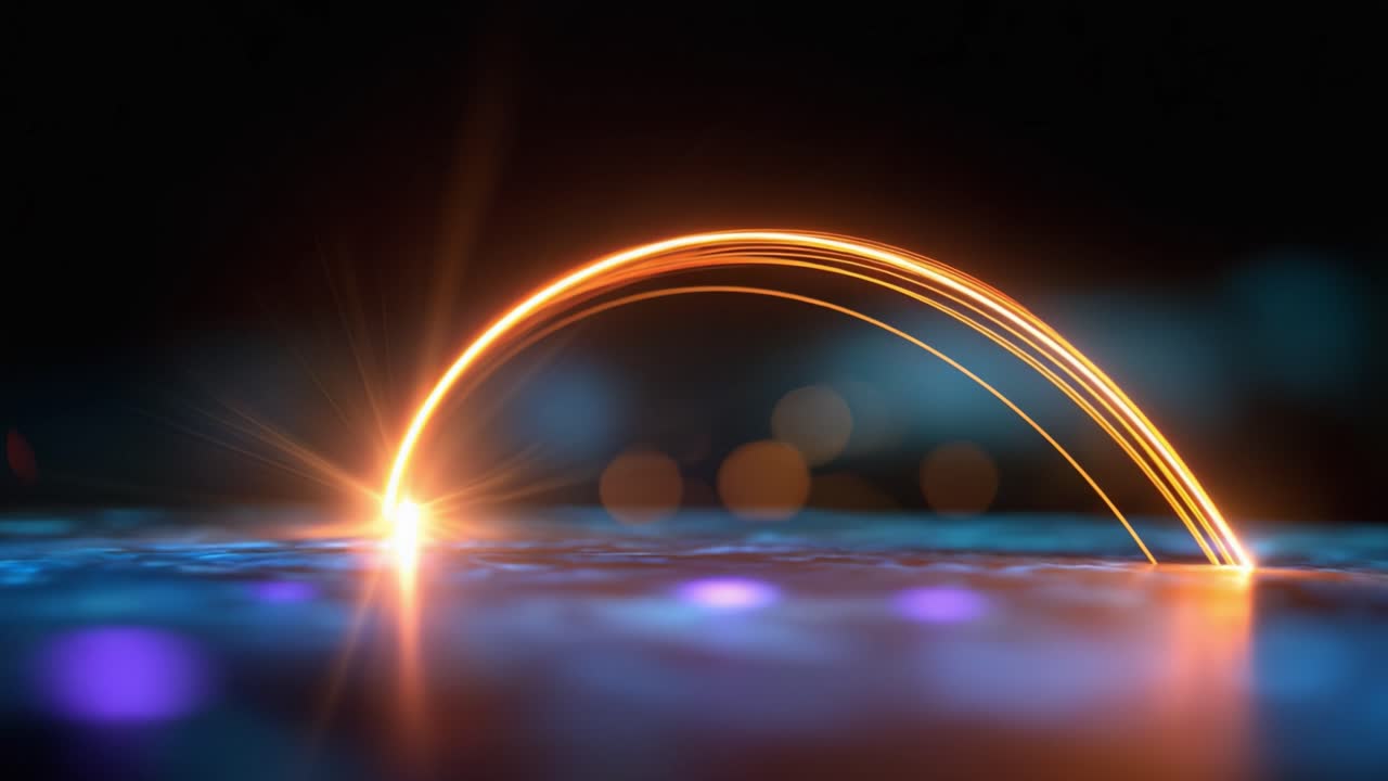 Un'affascinante transizione che mostra l'elegante arco di luce mentre scivola su una superficie tranquilla, catturando un momento di bellezza in movimento e illuminazione