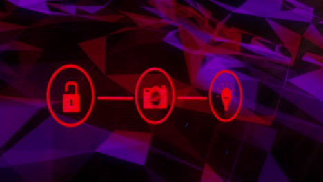 animation of three glowing red digital icons over network of connections