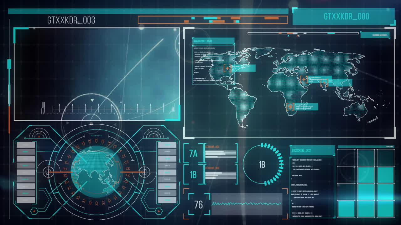 Displaying animation, futuristic digital interface with world map and data charts