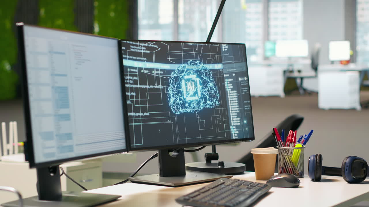 Empty Startup Office With Artificial Intelligence Program Running On Pc Monitors