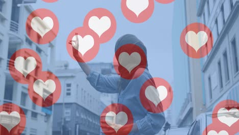 animation of love heart icons with woman in hijab hailing taxi in city street