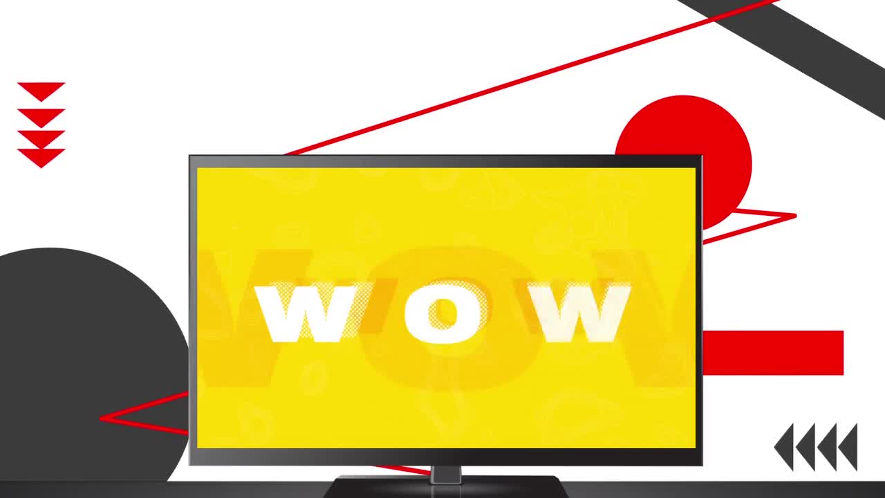 변하는 배경과 기하학적 인 텔레비전 화면 위에 여러 와우  ⁇  텍스트의 애니메이션