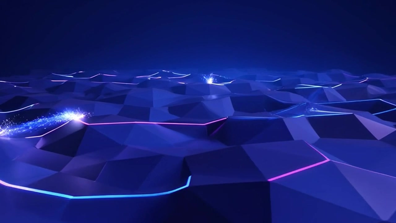 Abstract Digital Landscape with Glowing Light Trails Moving Across Geometric Terrain