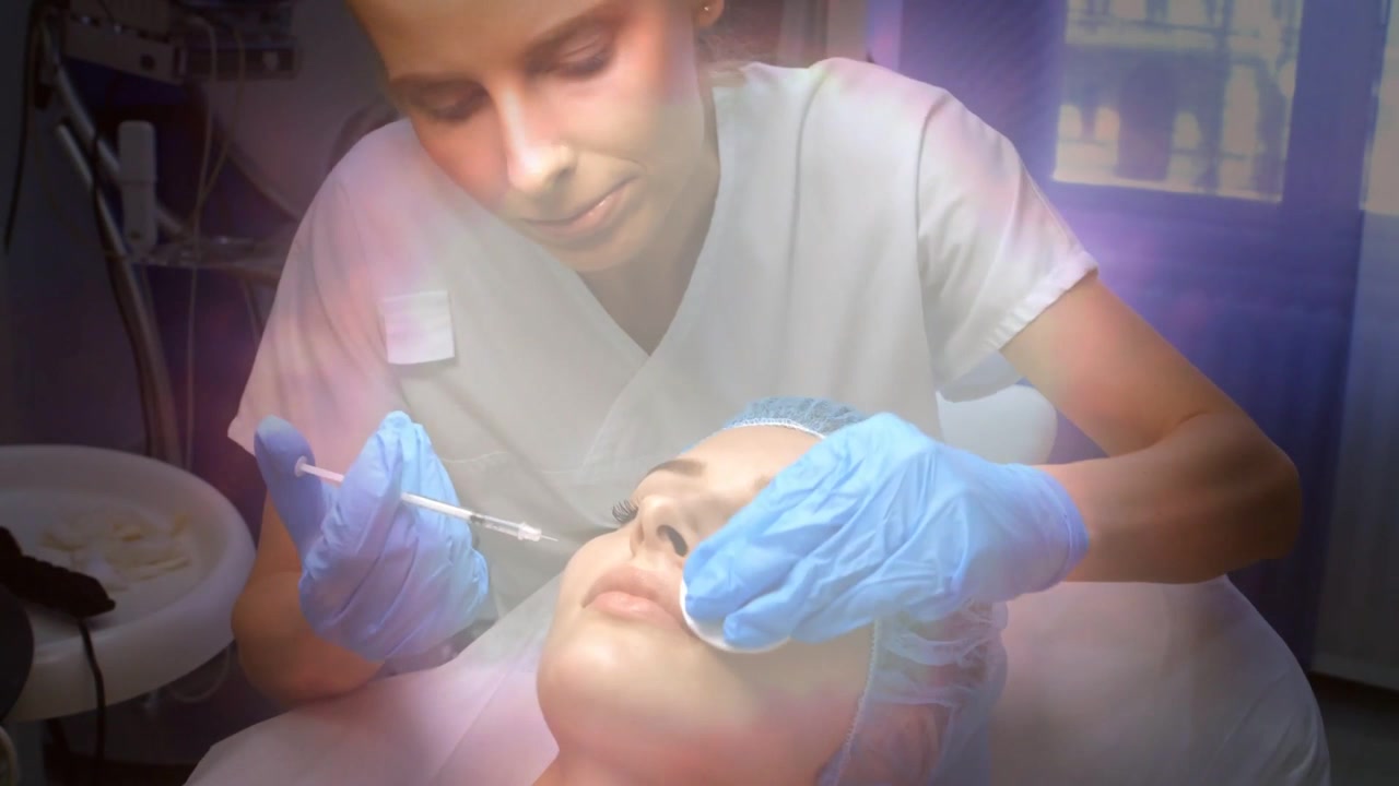 Kliniker læner sig frem i hvid uniform og blå handsker, påfører langs overlæben på klinik med sprøjte og vatrondel.