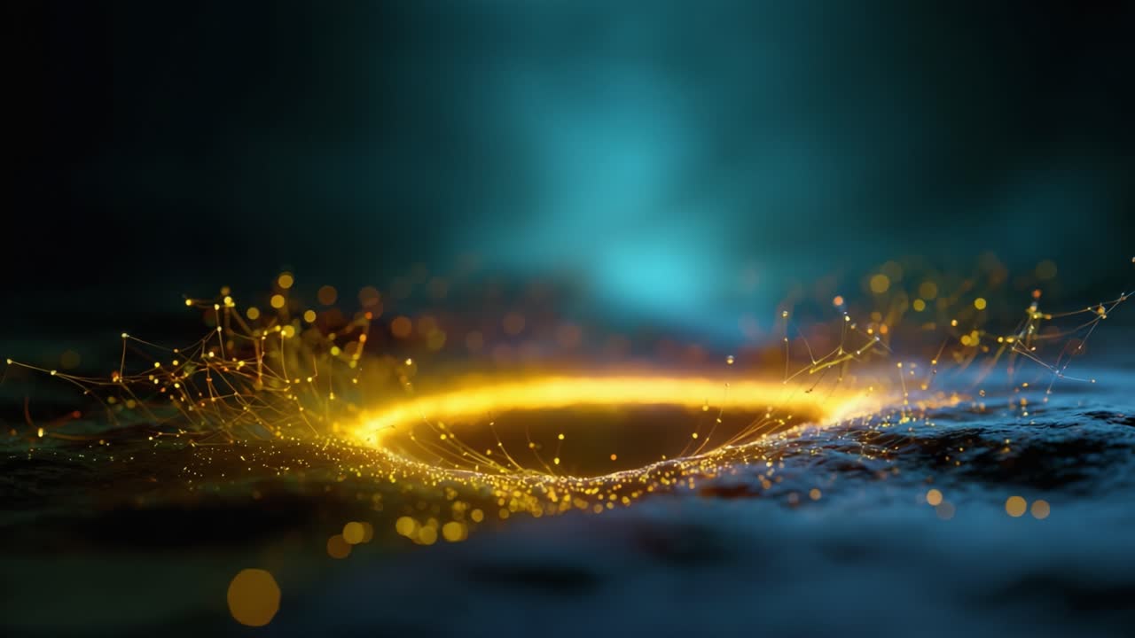 Un’affascinante composizione digitale realizzata con particelle luminose che emanano da un nucleo circolare incandescente, il tutto sullo sfondo etereo mozzafiato dalle profonde tonalità di blu.