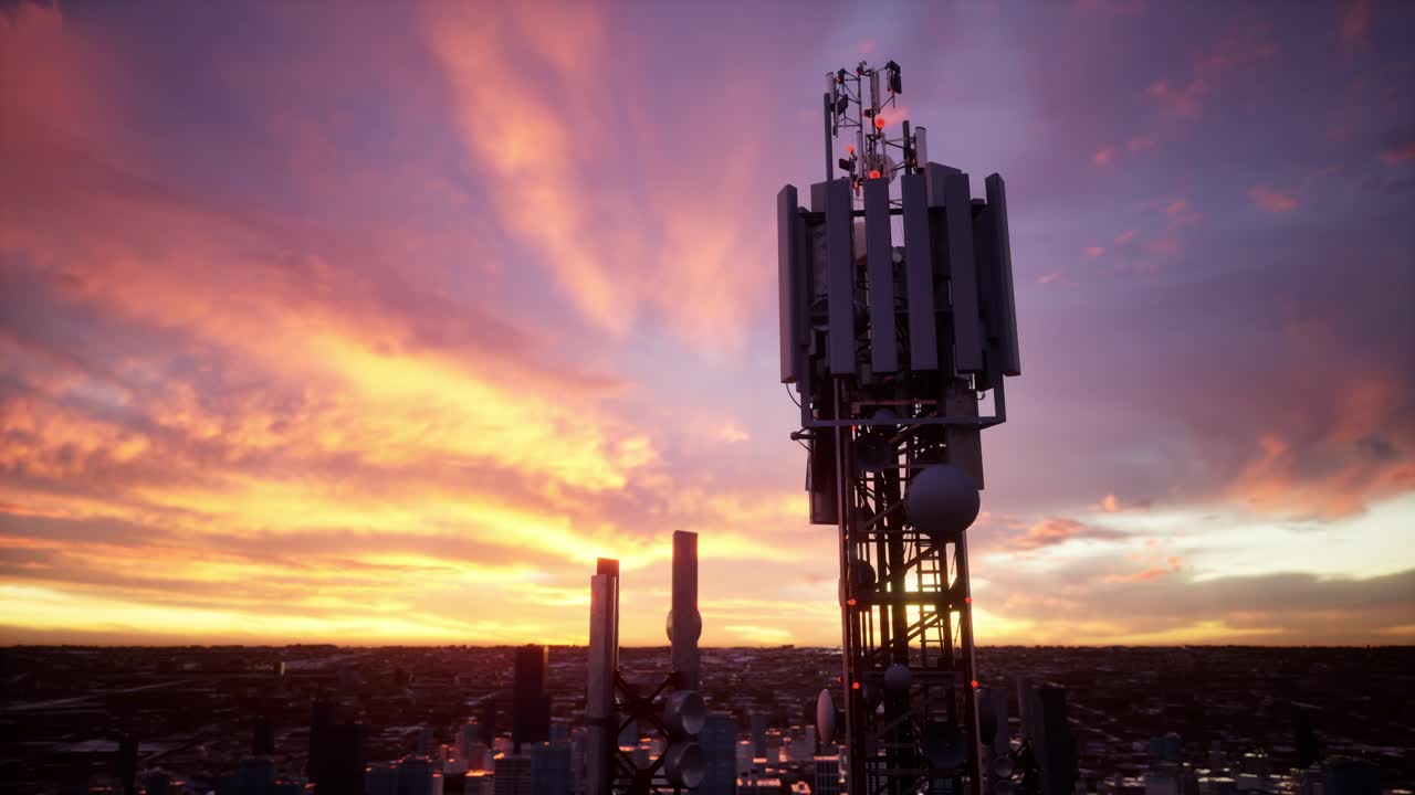 A Tall Cell Tower Stands Against A Vibrant Sunset