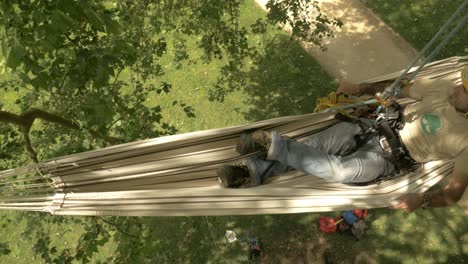 A-climber-settles-in-the-hamac-he-fixed-on-top-of-a-tree,-Dordogne---France