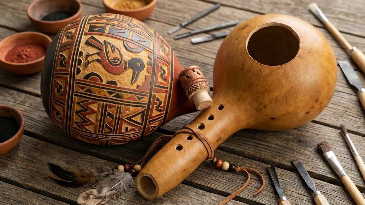 Резные тыквы и флейты ручной работы