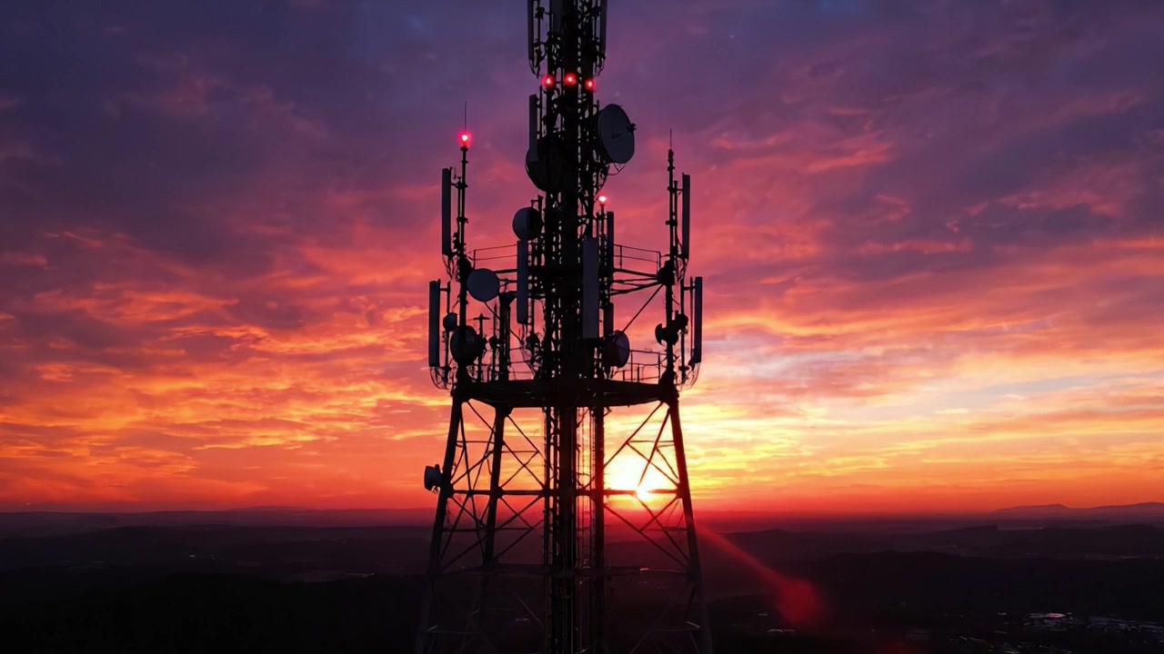Splendida silhouette al tramonto di una torre di comunicazione contro un cielo colorato: una vista mozzafiato della tavolozza serale della natura.