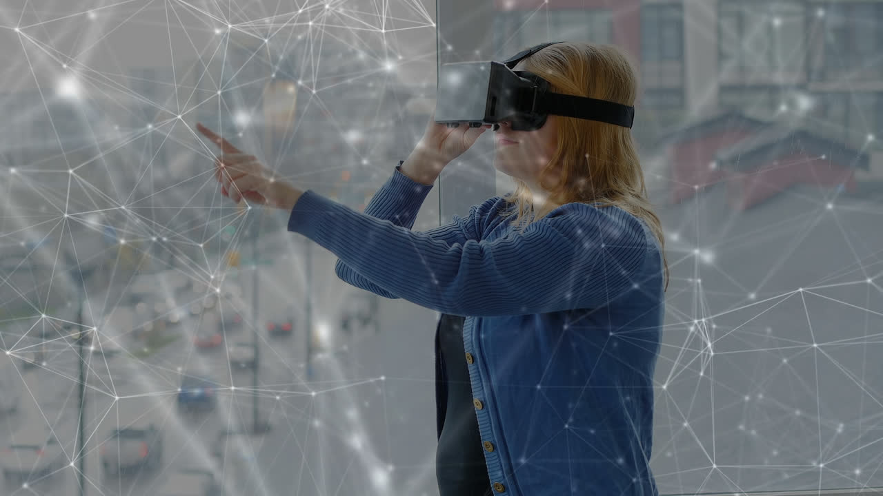 анимация сети соединений через кавказскую женщину с помощью vr-гарнитуры