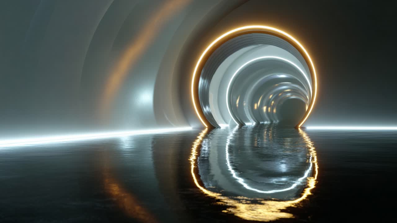 Affascinante tunnel circolare con bordi luminosi e riflessi, creando un'atmosfera enigmatica di profondità e luce in un'ambientazione futuristica.