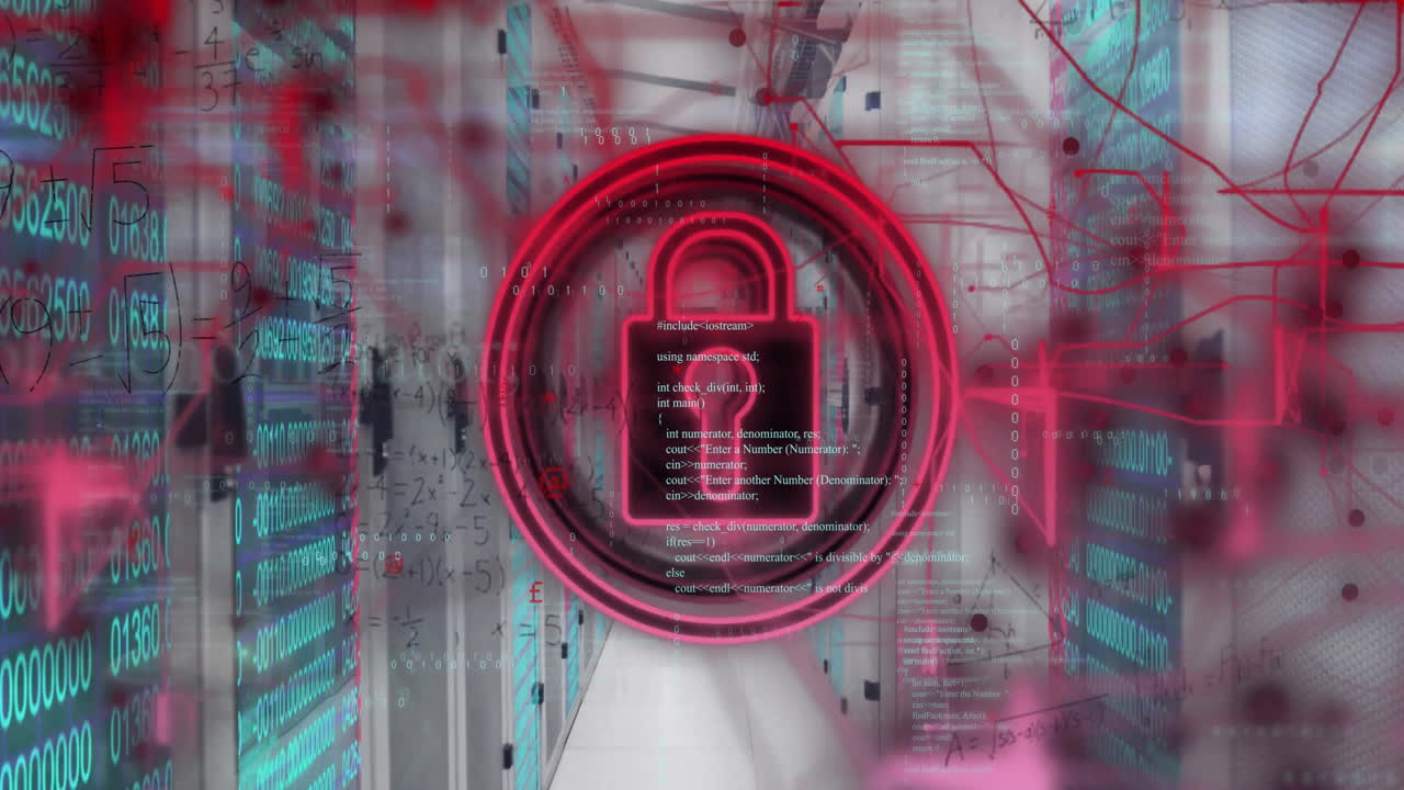 animación del icono del candado con procesamiento de datos sobre la sala del servidor