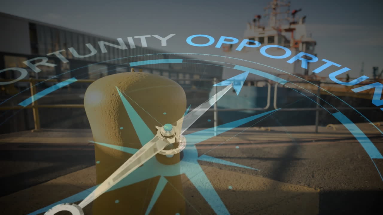 Animation of compass with opportunity text over shipyard