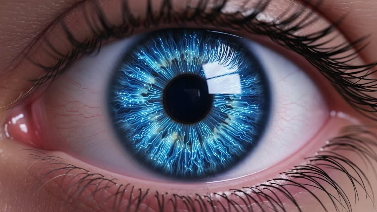 A Fascinating Close-Up of a Brilliant Blue Eye with Electric Patterns, Showcasing the Intricate Details of Human Anatomy and Optical Beauty
