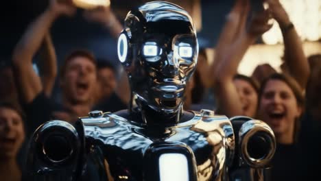 a futuristic robot engaging with an enthusiastic audience, showcasing advanced technology and interactivity in a captivating performance atmosphere