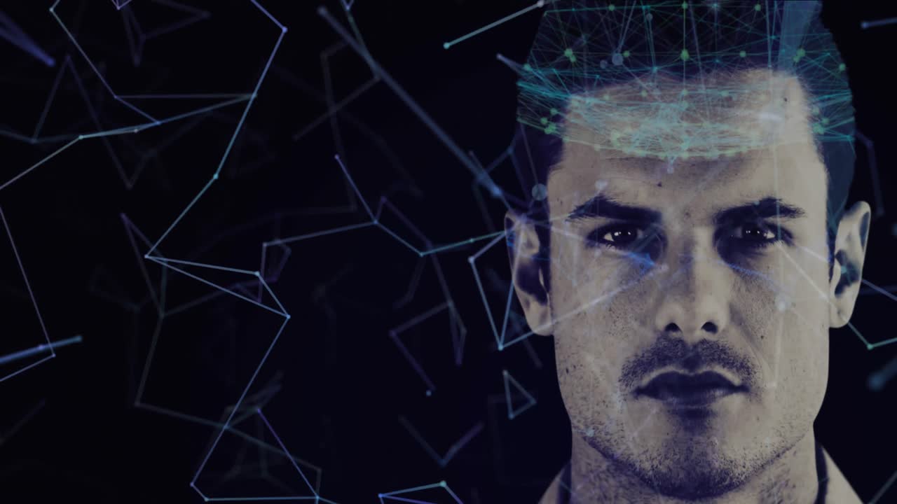 retrato de un hombre caucásico con una red de conexiones y enlaces de plexo moviéndose y girando en el ba