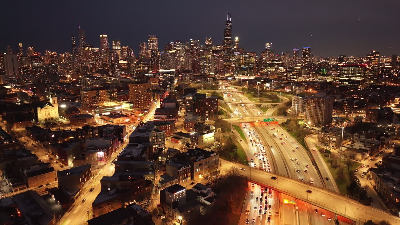 Aerial view of the Chicago skyline at night