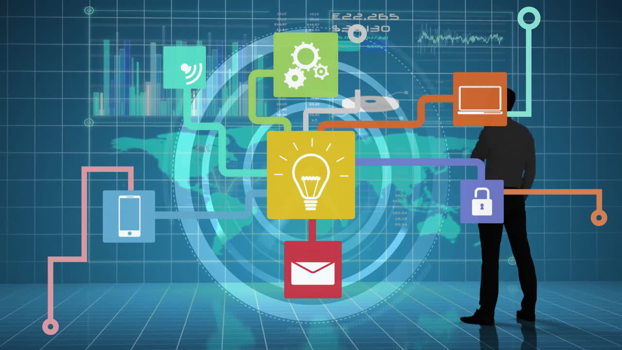 Digital network animation overlaying silhouette of business person processing data