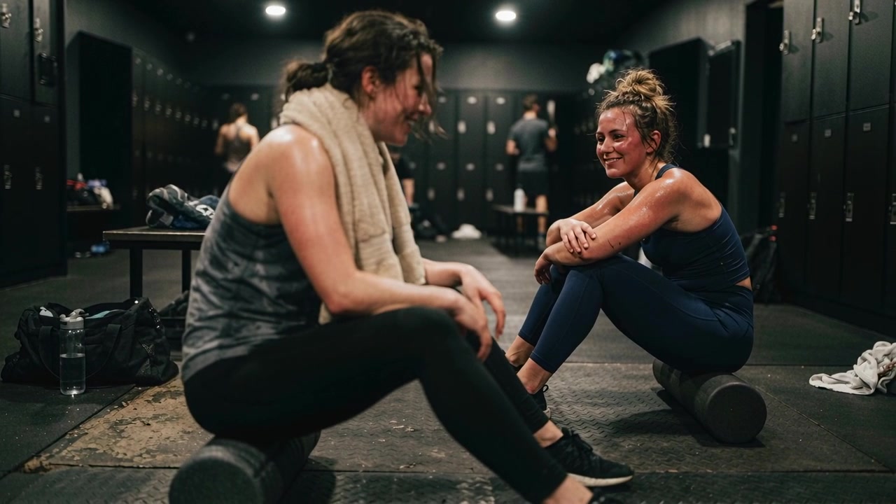 Zwei Frauen in Sportkleidung kühlen sich ab, sitzen auf Faszienrollen in der Umkleidekabine, unterhalten sich und lachen.