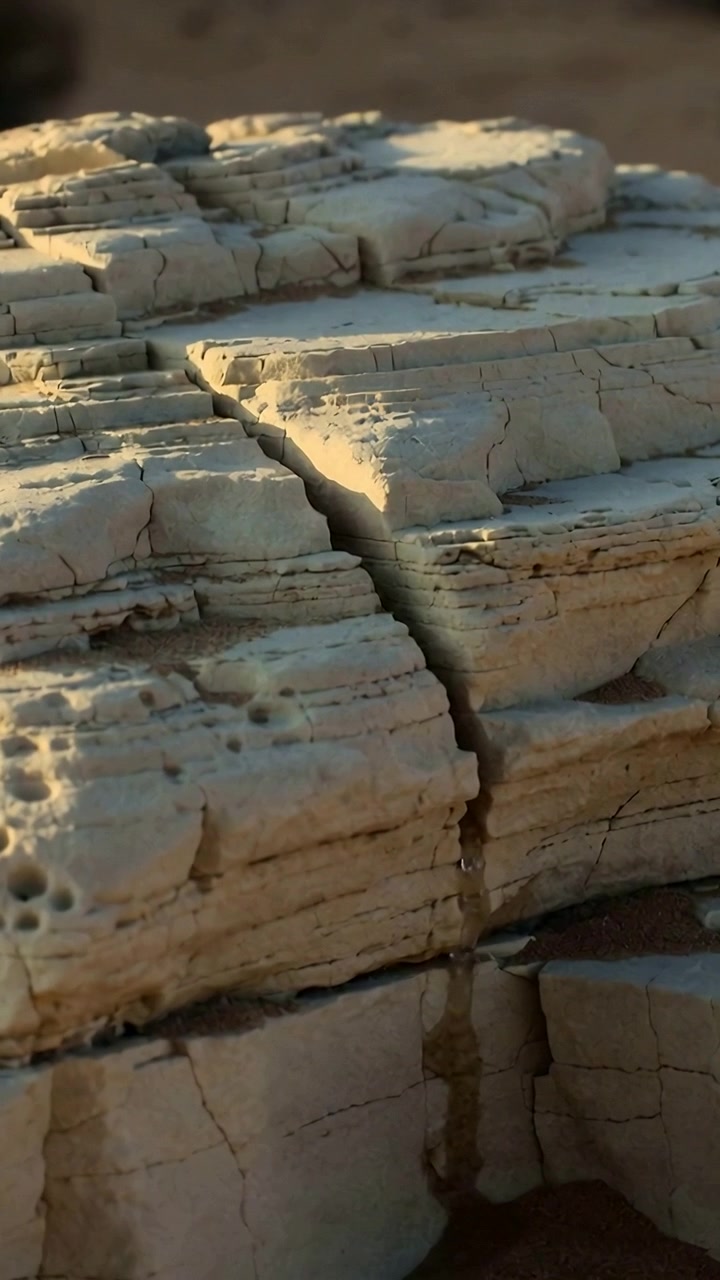 Vidéo verticale : Caméra coulissante montrant un affleurement de grès sur le sable, traçant une traînée humide le long d'une fissure