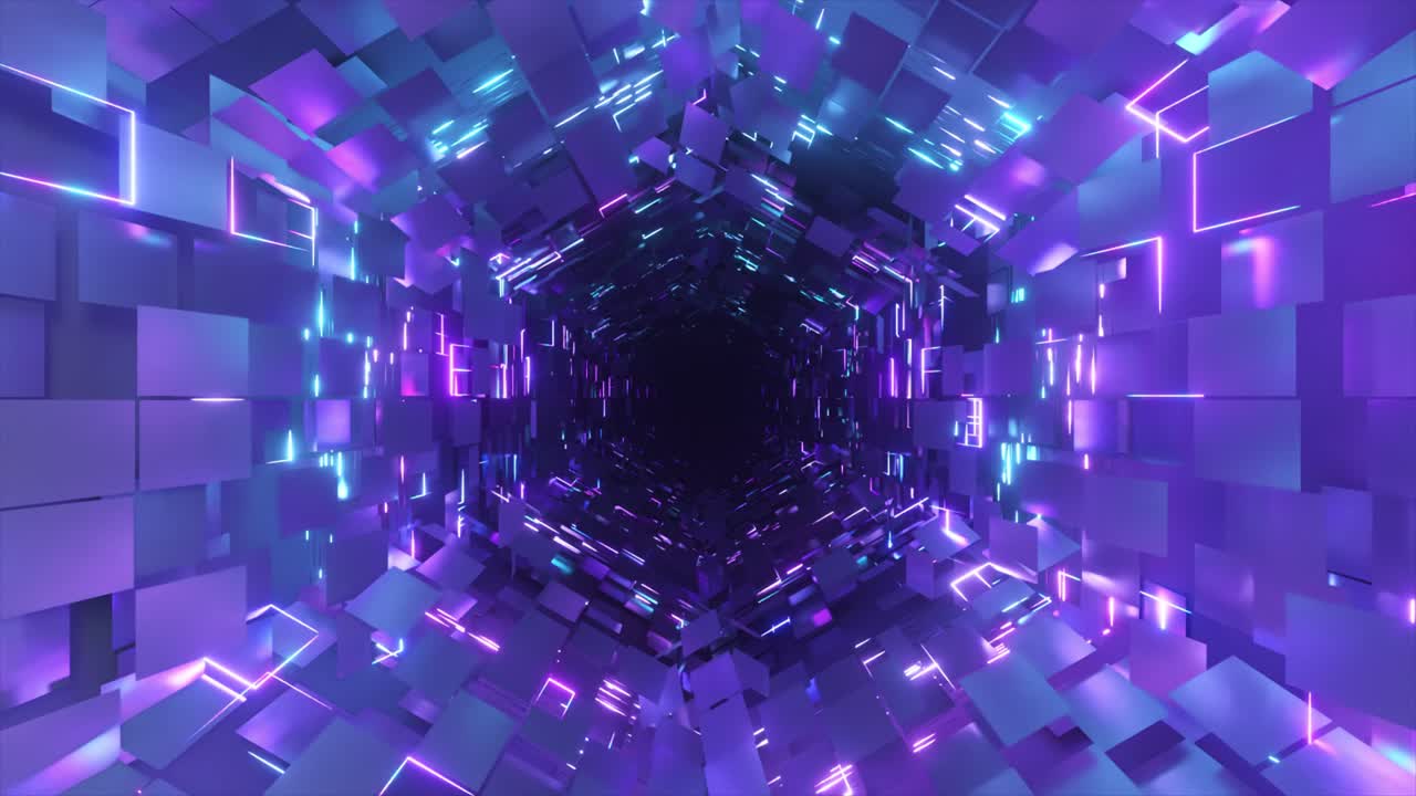 neón púrpura y azul brillante túnel geométrico renderizado en 3d
