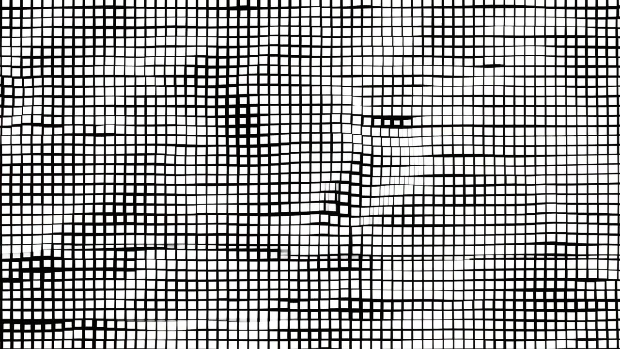 Primo piano di una texture a griglia nera, rete metallica usurata con sottili pieghe e ombre, monocromatico ad alto contrasto.