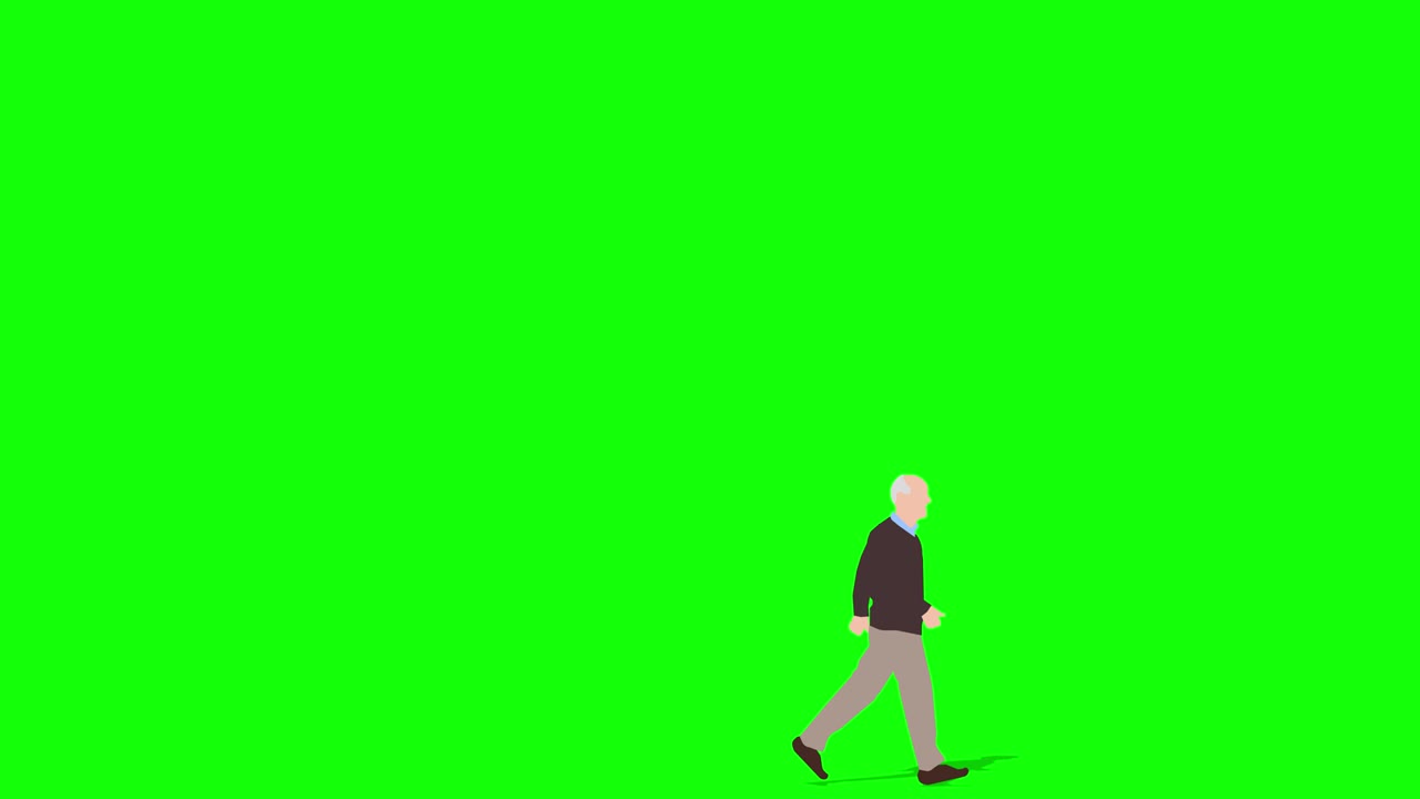 왼쪽에서 오른쪽으로 걸어가는 노인의 애니메이션 루프 애니메이션 (4k 비디오) 초록색 배경은 배경 투명한 사용을위한 것입니다.