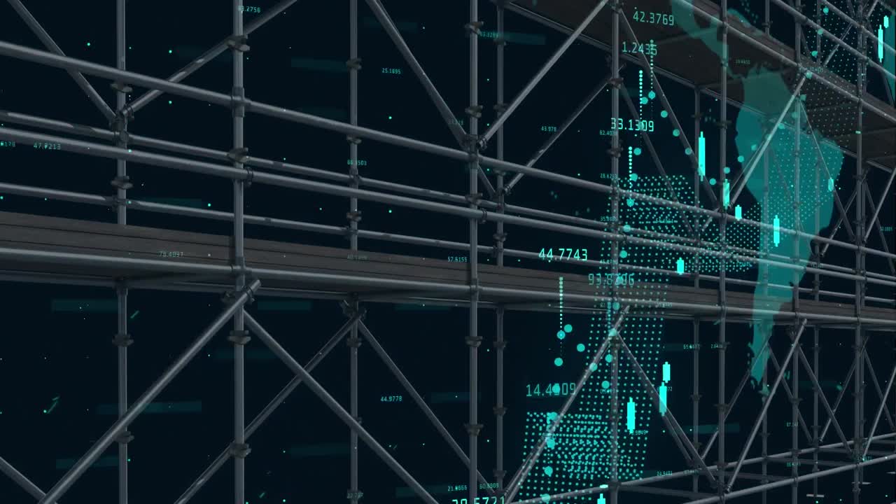 Animation of financial data processing over world map and scaffolding