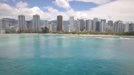 City-of-Waikiki,-Honolulu,-Oahu,-Hawaii-aerial-drone-view-of-beach-and-city
