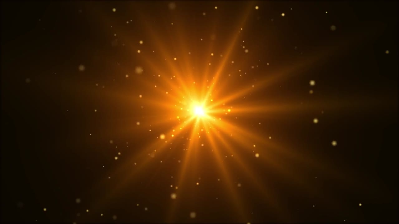 flying golden particles in light beams background