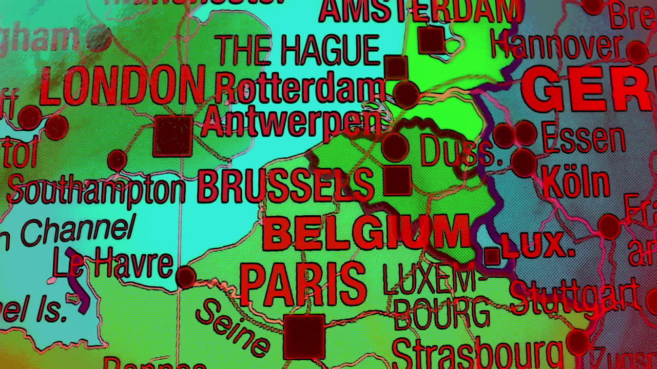 A map of Western Europe displaying major cities and countries